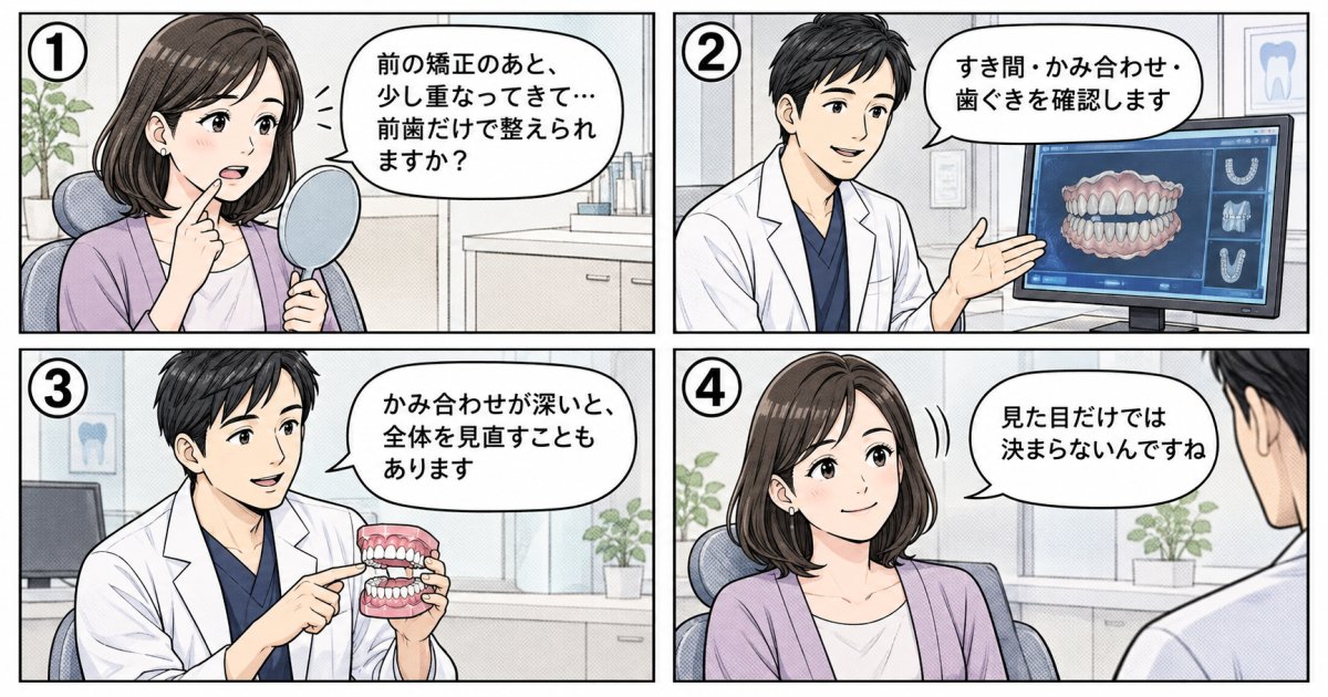 軽い重なりや矯正後の後戻りなら、前歯だけで治療できますか？